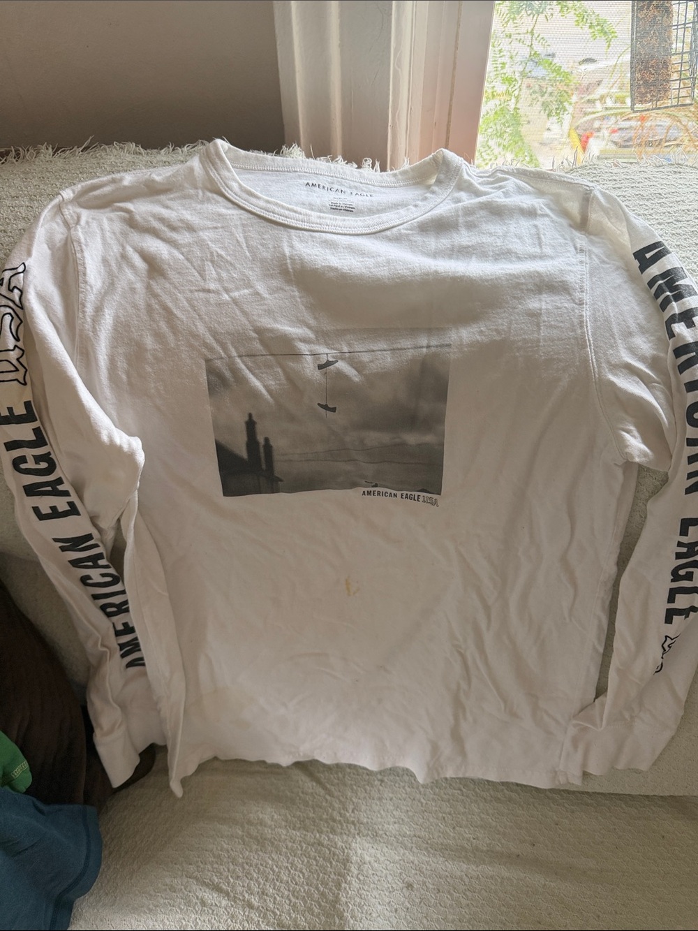 American Eagle Outfitters White Long-Sleeve Graphic Tee with Black Print